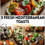 Top view of three sourdough Mediterranean toasts with basil, tomatoes, and feta for healthy breakfast ideas.
